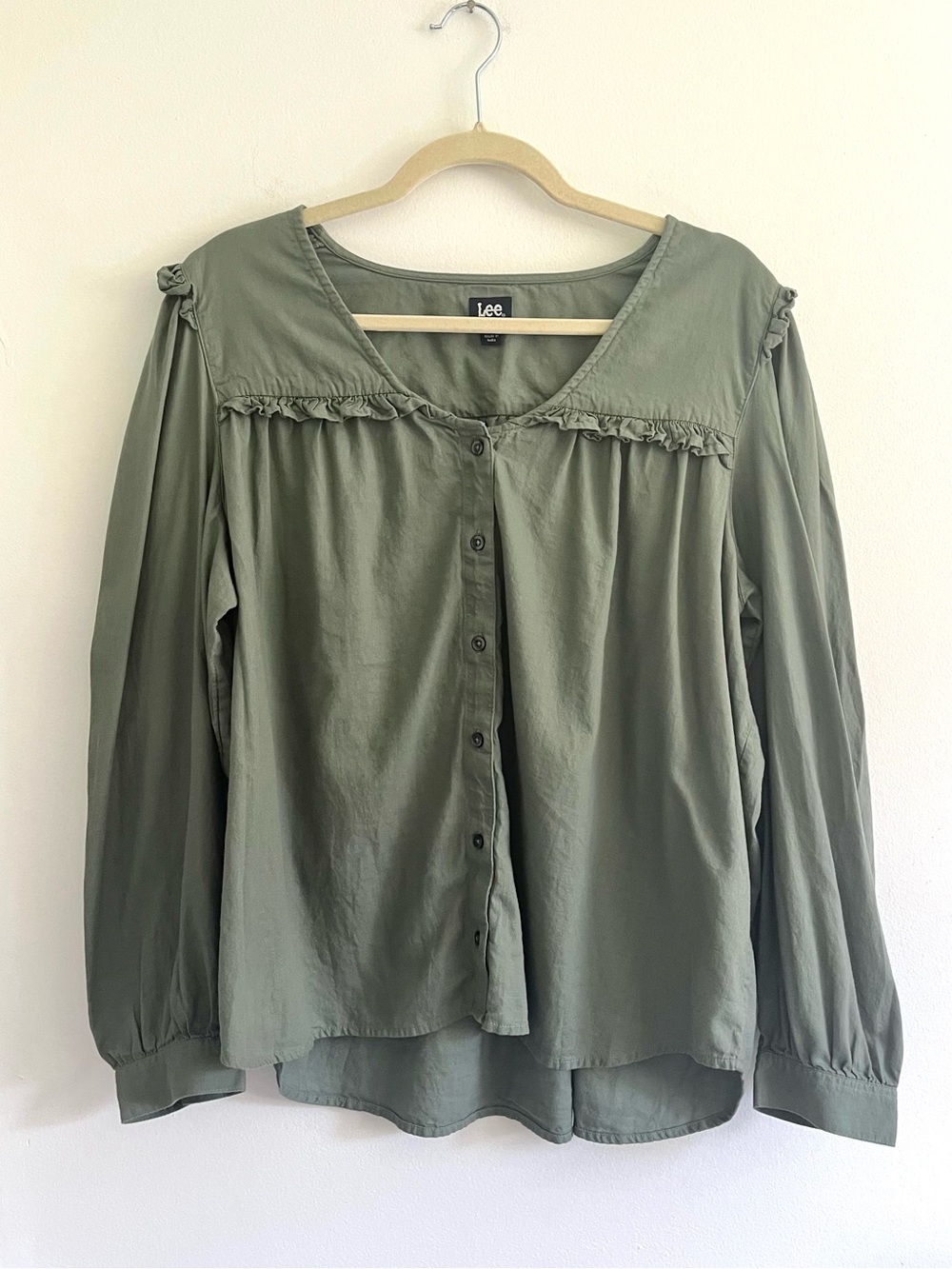 Lee Sage Green Ruffle Button-Front Peasant Blouse Casual Boho Cabincore Large